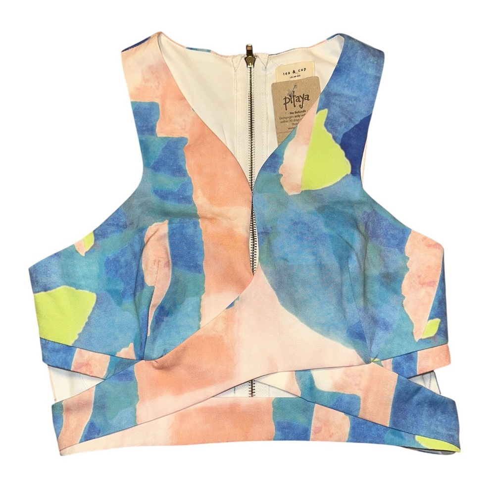Tea n Cup Multicolor Watercolor Print Cutout Tank Top - Blue, Peach, Lime